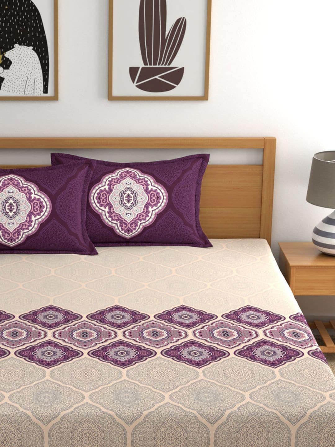 Dreamscape Purple & Cream-Coloured 144 TC Bedsheet with Pillow Covers - Distacart