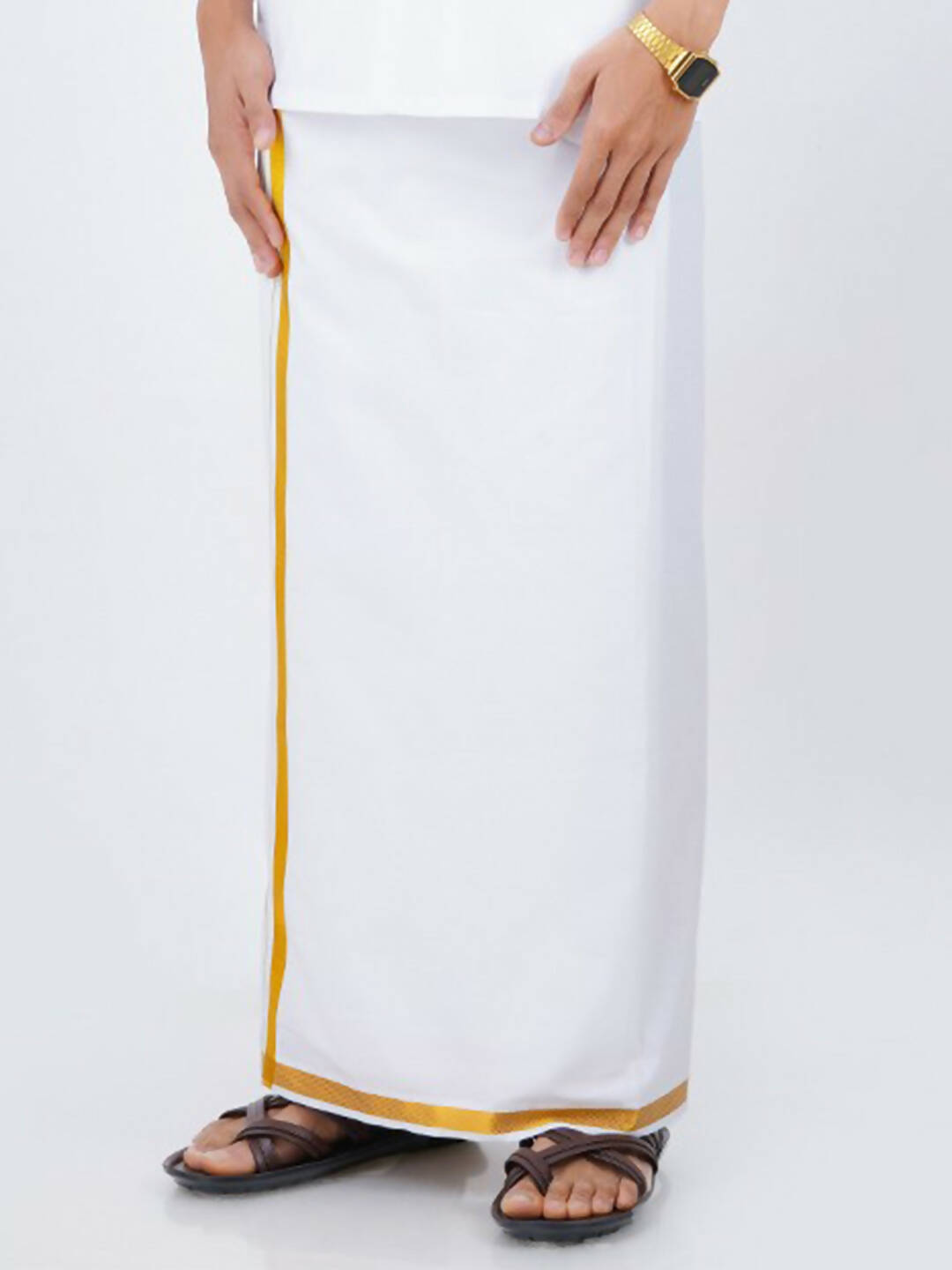 Ramraj Cotton Mens Pure Cotton 1/2 Inch Gold Jari Dhoti - White - Distacart