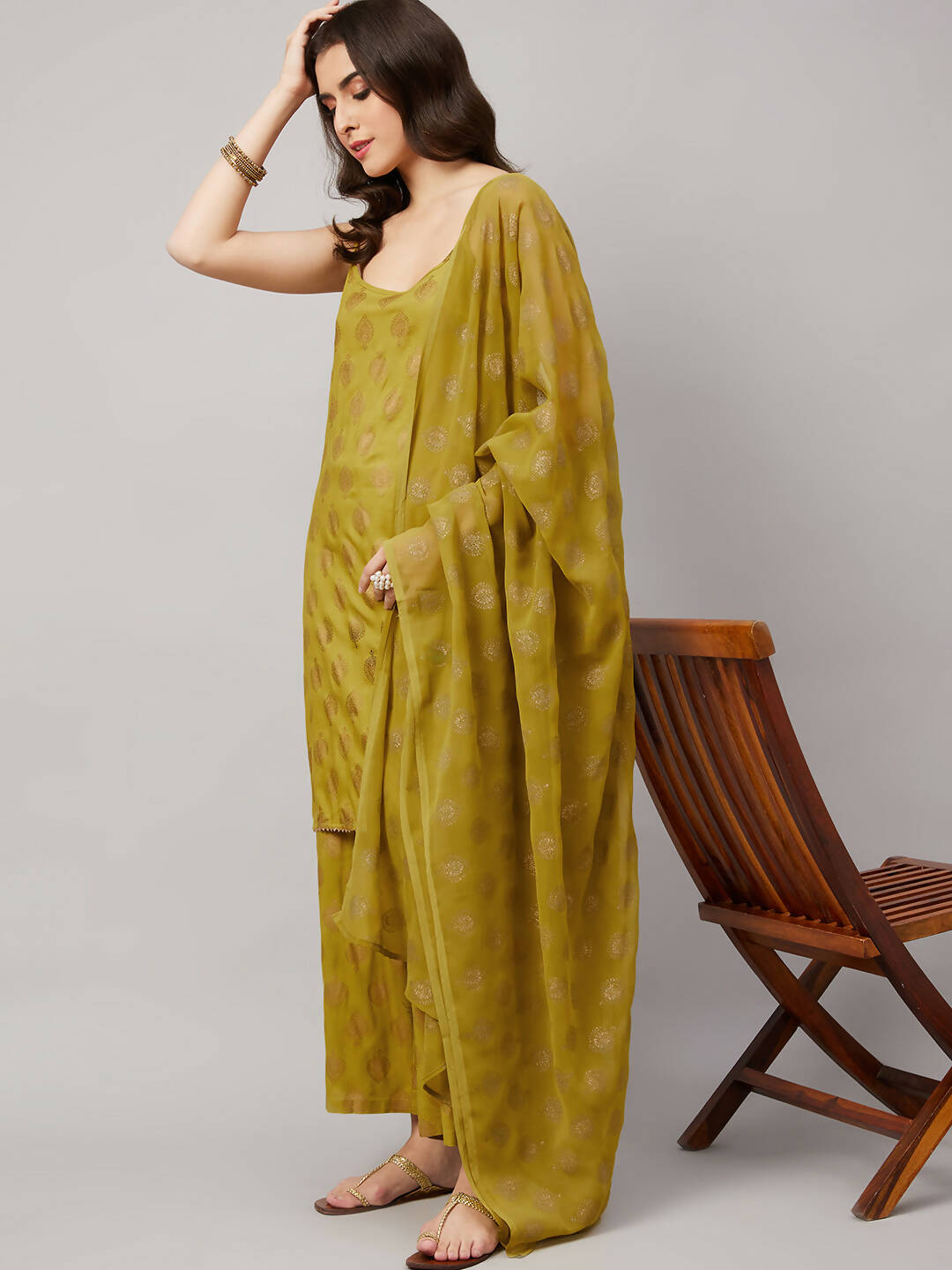 Lime Green & Golden Ethnic Motifs Print Kurta with Palazzo & Dupatta - Vishwa - Distacart