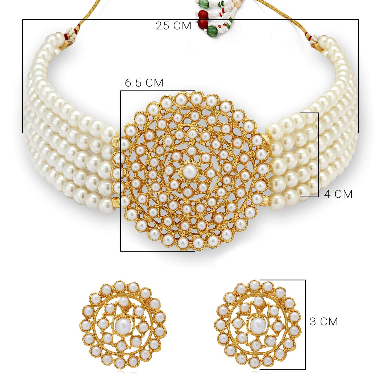 Gold-Plated Alloy Pearl Beaded Round Pendant Choker Necklace Set - The Pari - Distacart