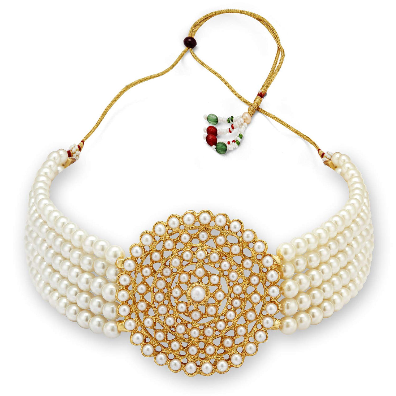 Gold-Plated Alloy Pearl Beaded Round Pendant Choker Necklace Set - The Pari - Distacart