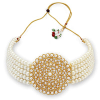 Thumbnail for Gold-Plated Alloy Pearl Beaded Round Pendant Choker Necklace Set - The Pari - Distacart