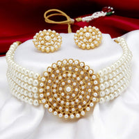 Thumbnail for Gold-Plated Alloy Pearl Beaded Round Pendant Choker Necklace Set - The Pari - Distacart