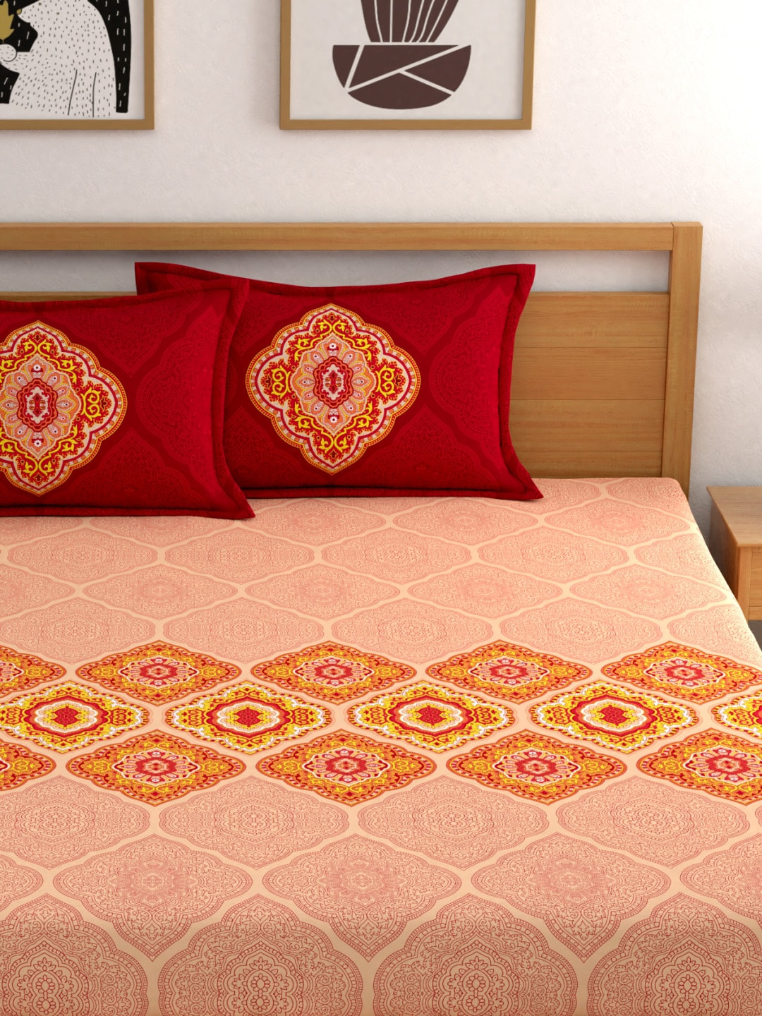 Dreamscape Pink Ethnic Motifs 144 TC Cotton 1 Queen Bedsheet with 2 Pillow Covers - Distacart