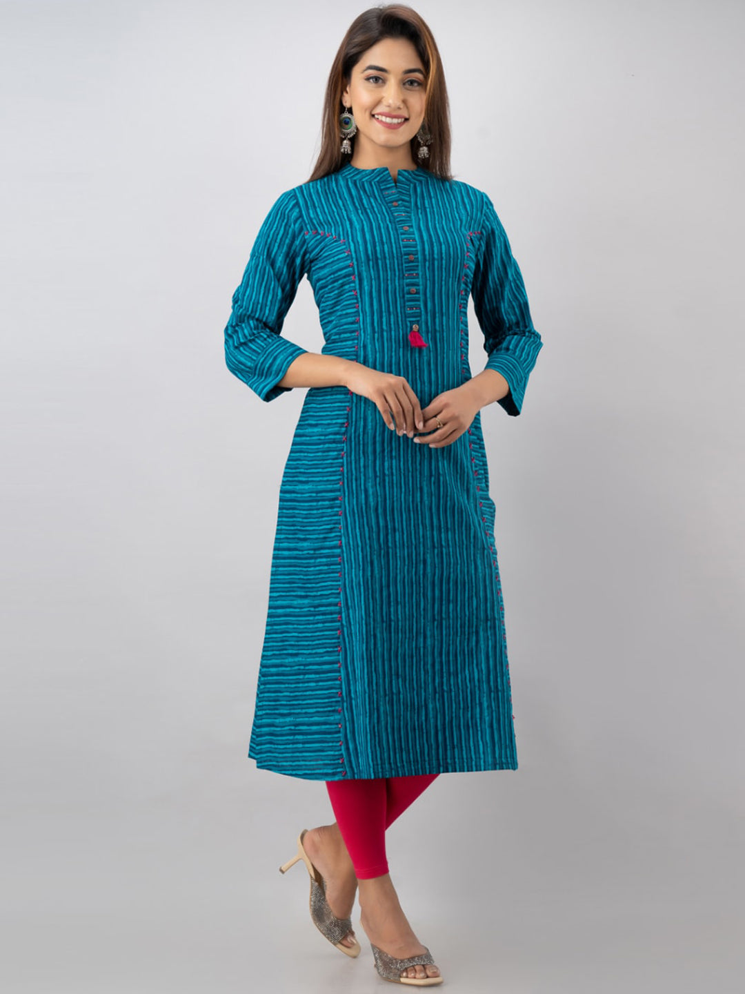 Kalini Women Turquoise Blue & Pink Striped Cotton A-line Kurta - Distacart