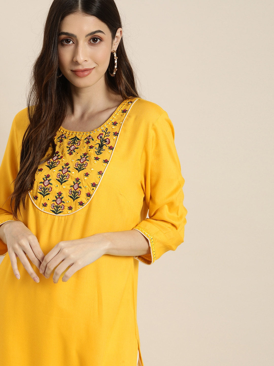 All About You Women Yellow & Beige Embroidered Kurta with Palazzos - Distacart