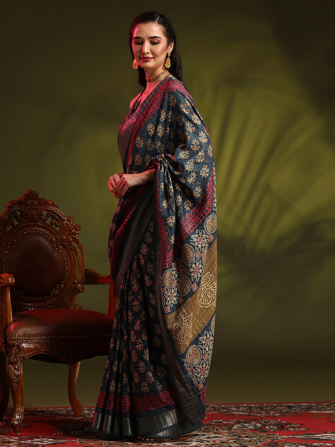 Anouk Grey Floral Printed Zari Sungudi Saree - Distacart