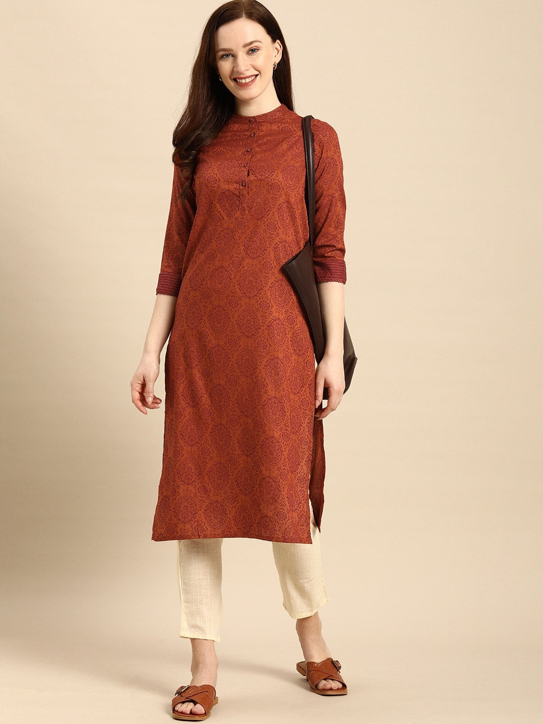 All About You Women Rust Brown Ethnic Motifs Printed Straight Kurta - Distacart