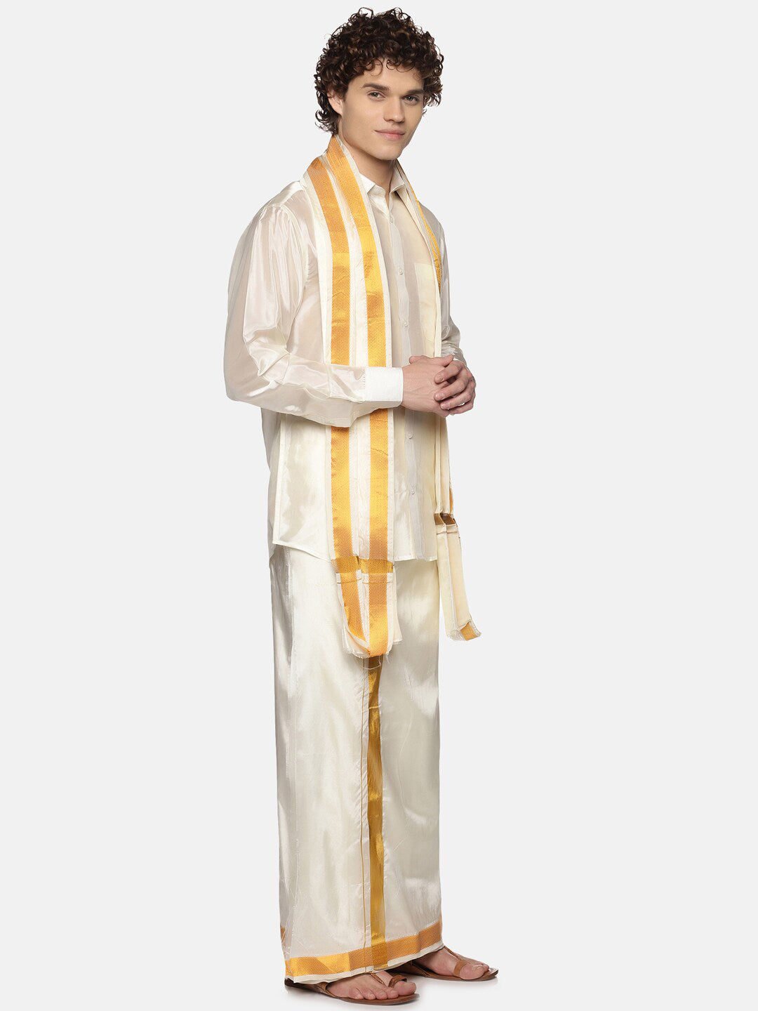 Sethukrishna Men Cream-Coloured Solid Art Silk Dhoti With Angavastram - Distacart