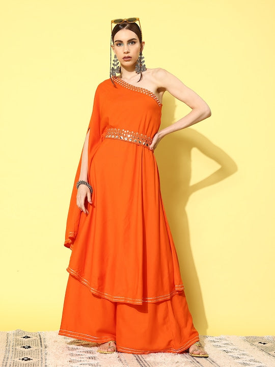 InWeave Women's Orange Oneshoulder Mirror Work Belted Kurta Set - Distacart