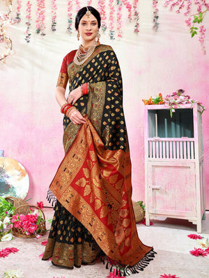 Mitera Black & Red Woven Design Kanjeevaram Saree Price in India, Full  Specifications & Offers | DTashion.com