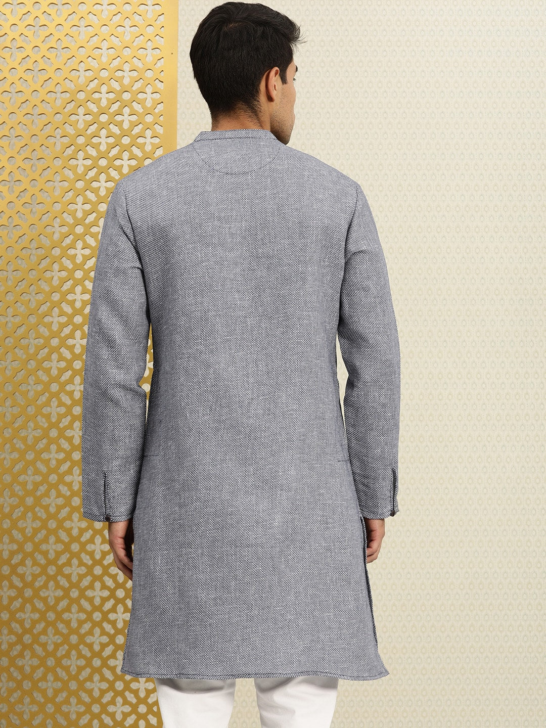 House of Pataudi Men Navy Blue & White Woven Design Straight Kurta - Distacart