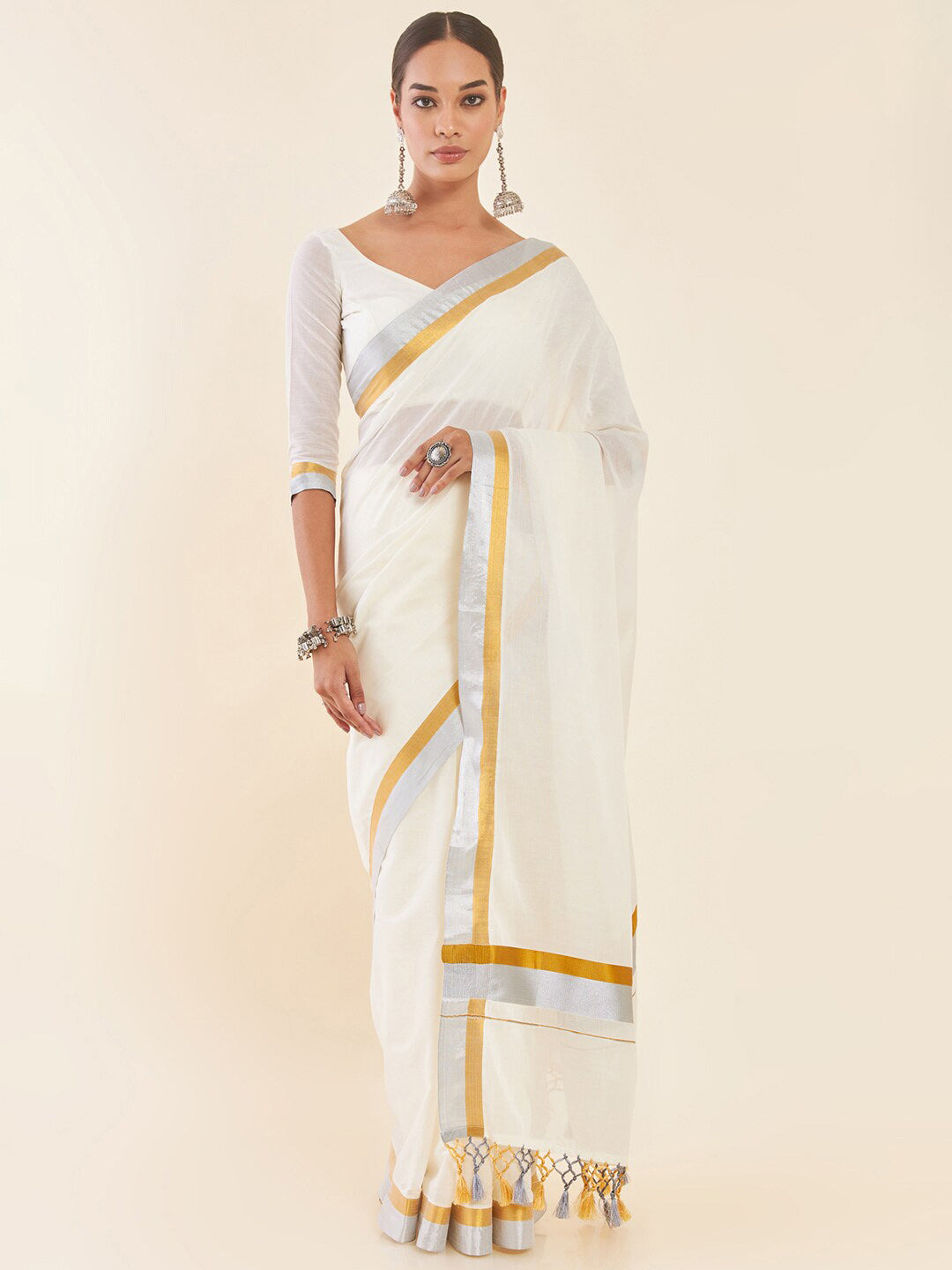 Soch Off-White & Silver-Toned Zari Pure Cotton Kasavu Saree - Distacart