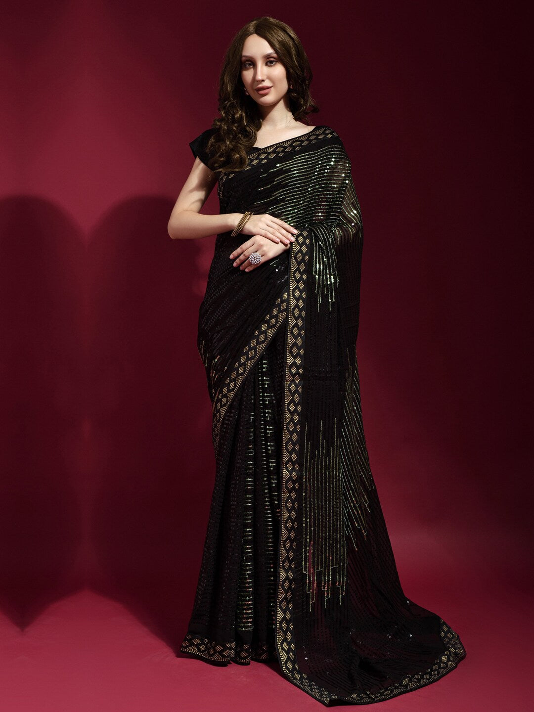 Anouk Black & Gold-Toned Embellished Sequinned Pure Georgette Saree - Distacart