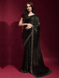 Thumbnail for Anouk Black & Gold-Toned Embellished Sequinned Pure Georgette Saree - Distacart