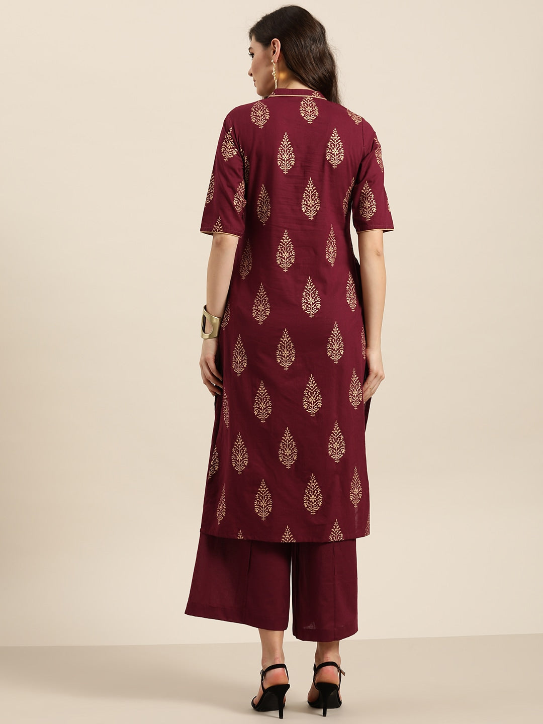 Sangria Women Maroon Golden Pure Cotton Printed Kurta with Palazzos