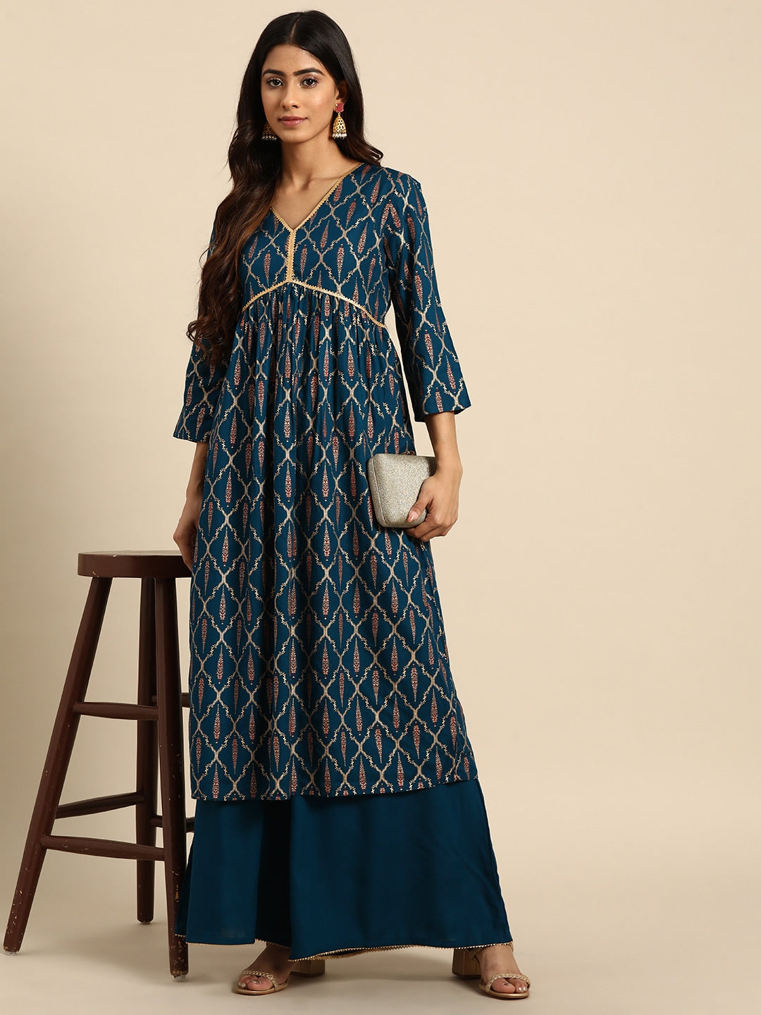 All About You Ethnic Motifs Foil Print Gotta Patti Detail Kurta with Palazzos - Distacart