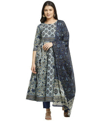 Thumbnail for Aastha Fashion Women's Navy Blue Cotton Printed Kurta with Trouser & Dupatta - Distacart