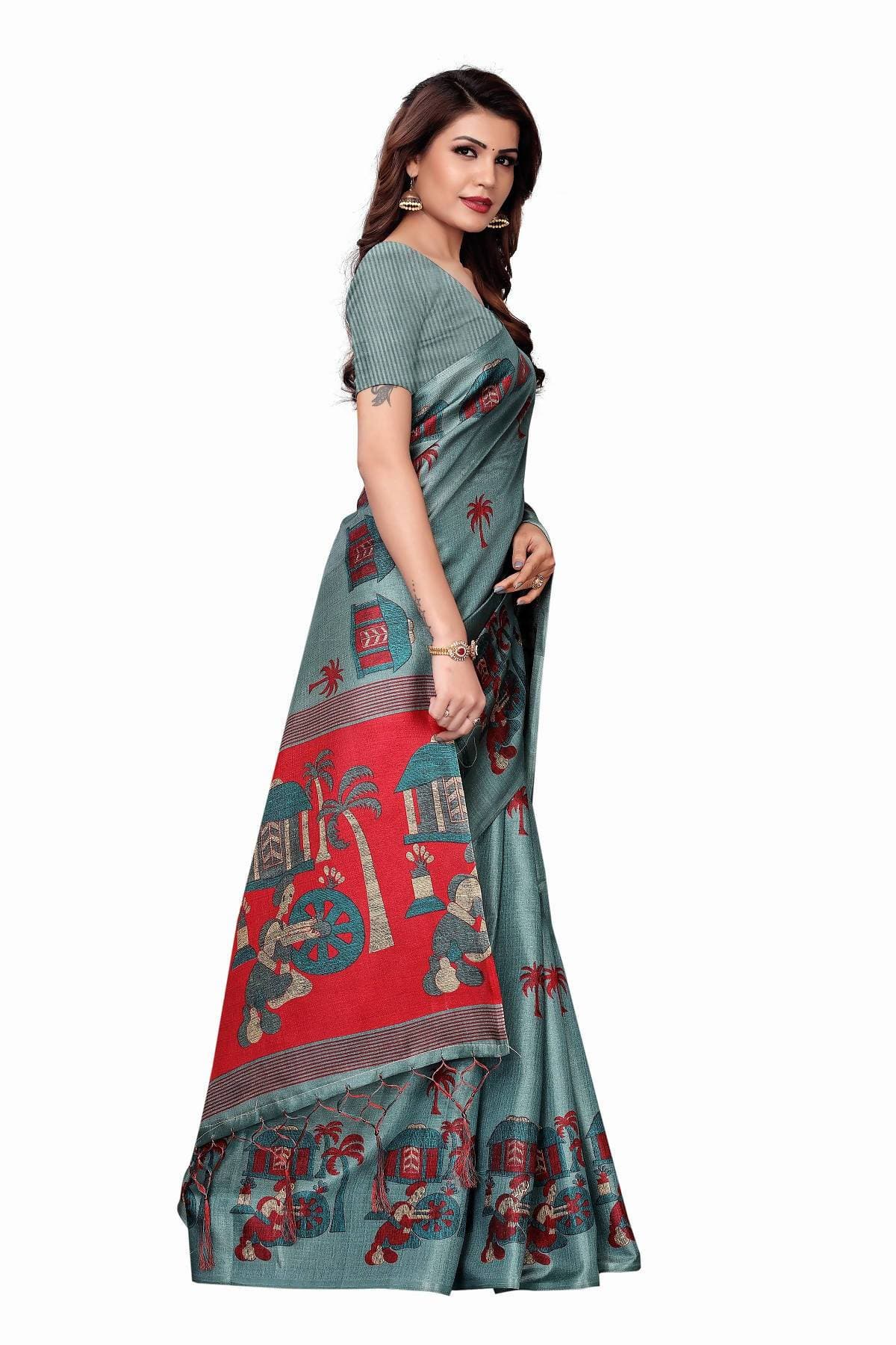 Vamika Sea Green Kalamkari With Jhalar Khadi Silk Saree