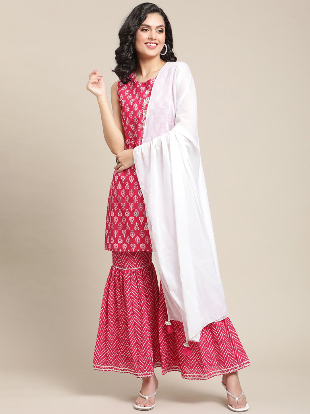 Varanga Pink Ethnic Motifs Yoke Design Regular Gotta Patti Pure Cotton Kurta with Sharara & Dupatta - Distacart