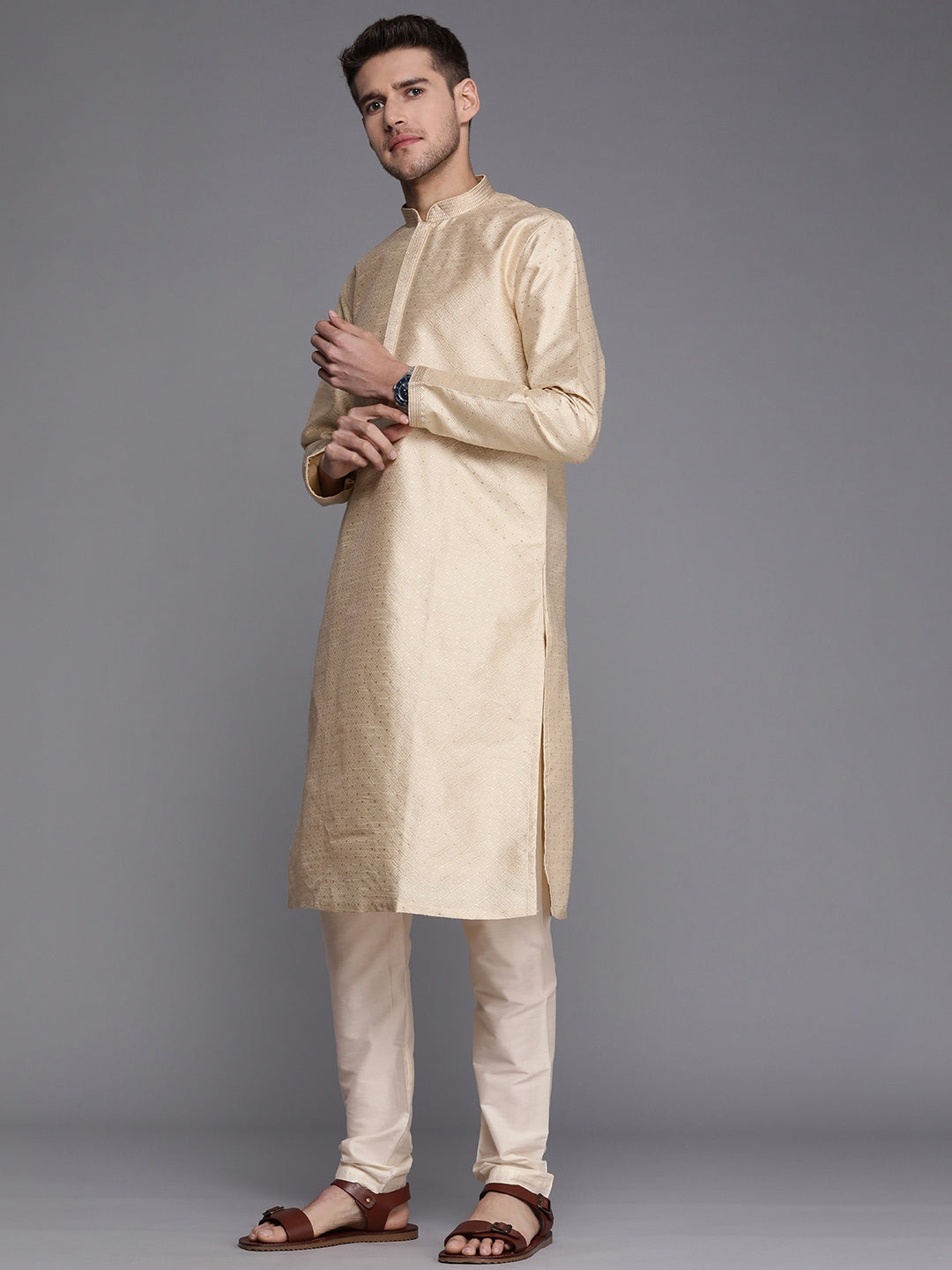 Manyavar Men Beige Ethnic Motifs Thread Work Kurta with Churidar - Distacart