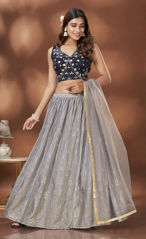 Buy Women Light Grey Abstract Print Embellished Lehenga Set With Blouse And  Dupatta - Leheng & Skirt - Indya