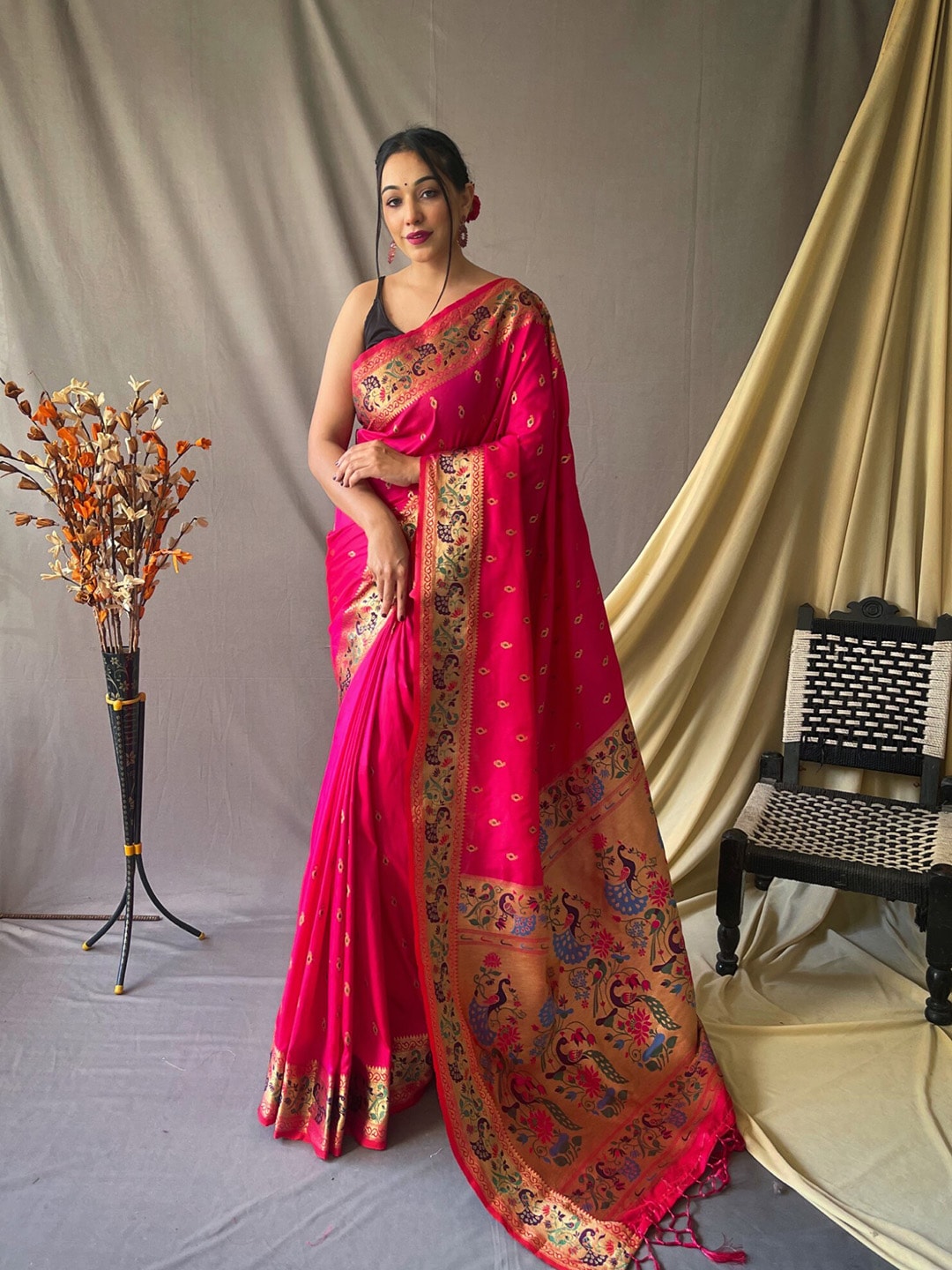 Mitera Pink & Gold-Toned Ethnic Motif Woven Design Zari Paithani Saree - Distacart