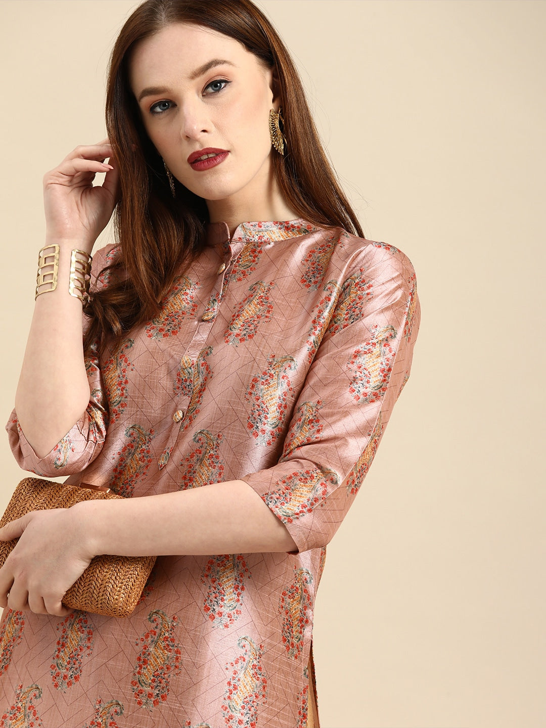 All About You Women Pink Paisley Print Mandarin Collar Pastels Chanderi Silk Blend Kurta - Distacart