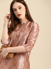 Thumbnail for All About You Women Pink Paisley Print Mandarin Collar Pastels Chanderi Silk Blend Kurta - Distacart