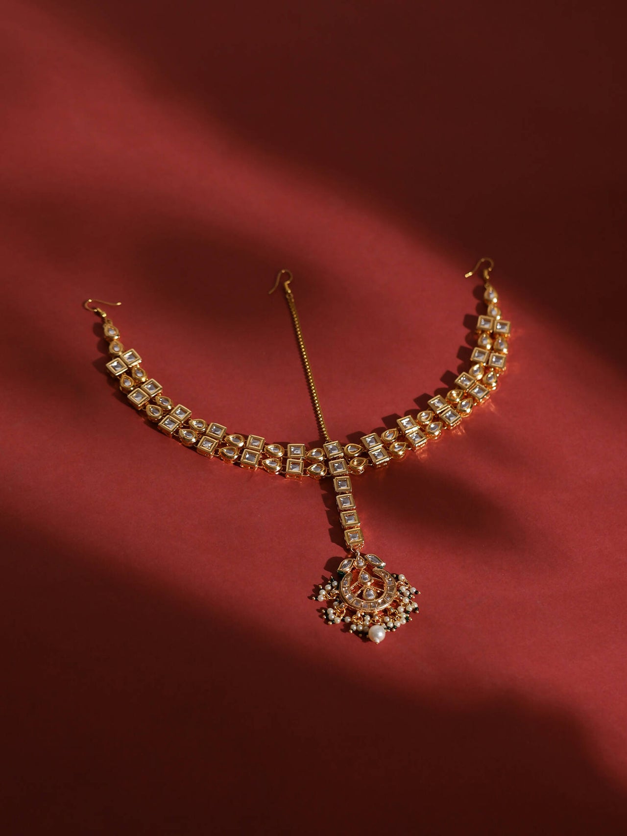 Gold-Plated White Green Kundan-Studded Pearl Beaded Matha Patti - Ruby Raang - Distacart