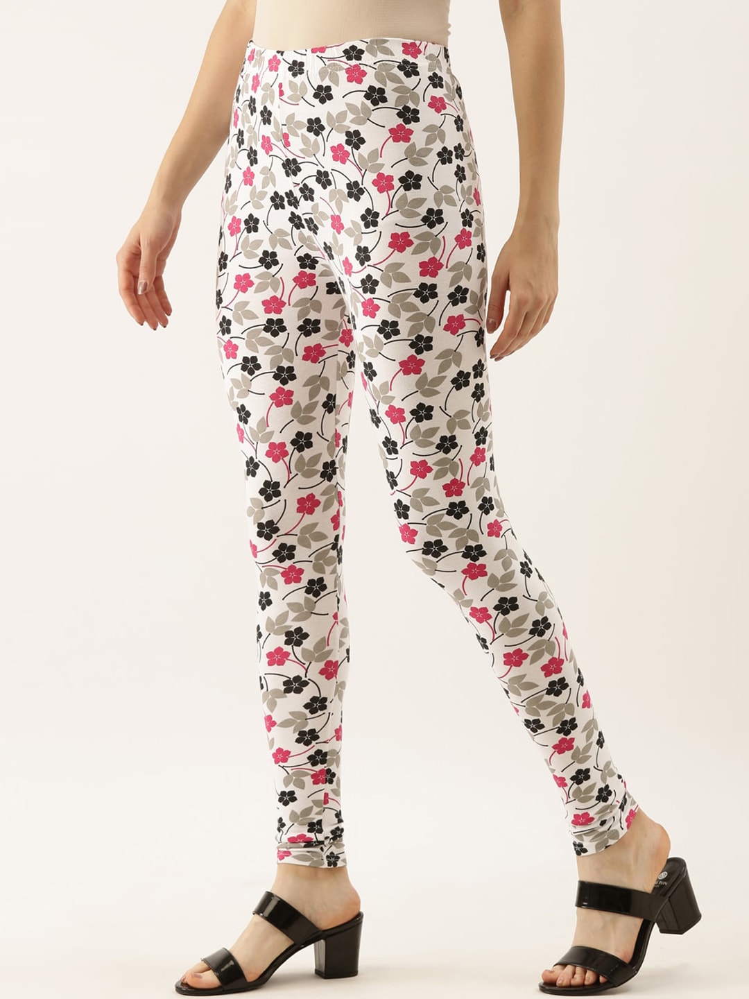 Souchii White & Pink Printed Slim-Fit Ankle-Length Leggings