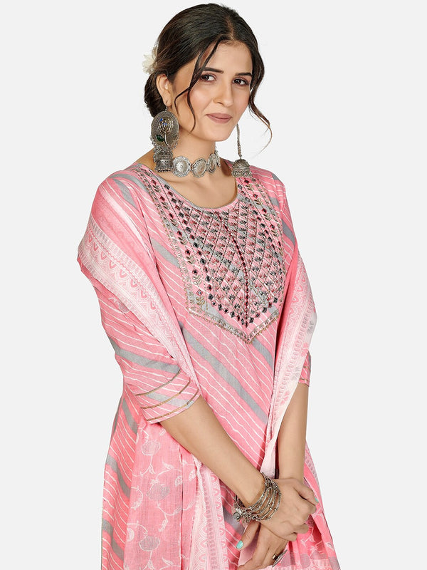 Kalini Women Pink Ethnic Motifs Striped Thread Work Pure Cotton Kurta With Trousers With Dupatta 0097