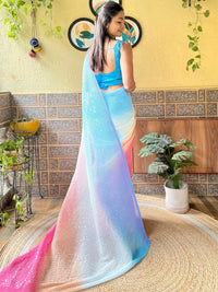 Thumbnail for Mitera Blue & Pink Ombre Embellished Pure Georgette Designer Saree - Distacart