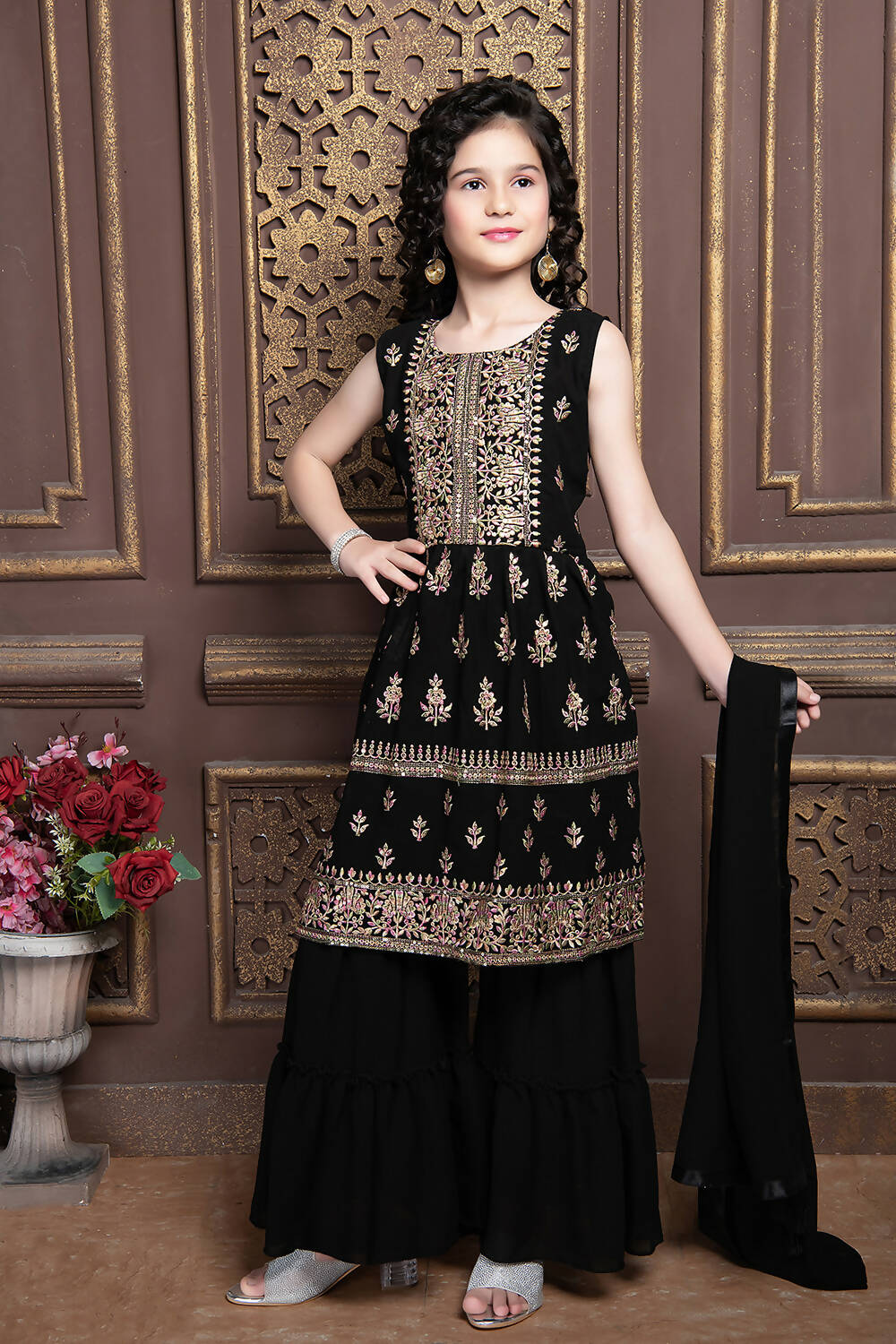 Kids Functional Designer Black Georgette Sharara Suit - Aaradhna - Distacart