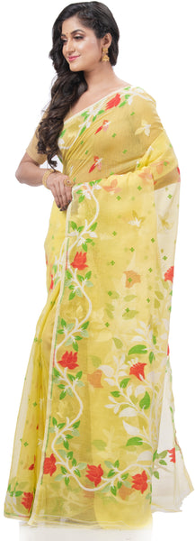 Desh Bidesh Woven Jamdani Handloom Pure Cotton Saree (Yellow) - Distacart