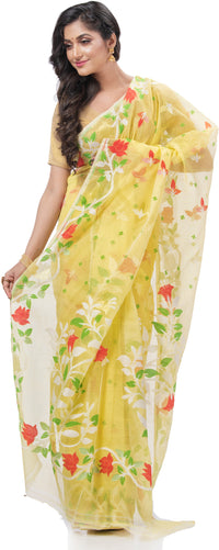 Thumbnail for Desh Bidesh Woven Jamdani Handloom Pure Cotton Saree (Yellow) - Distacart