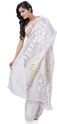 Thumbnail for Desh Bidesh Embellished Jamdani Handloom Cotton Blend Saree (White) - Distacart