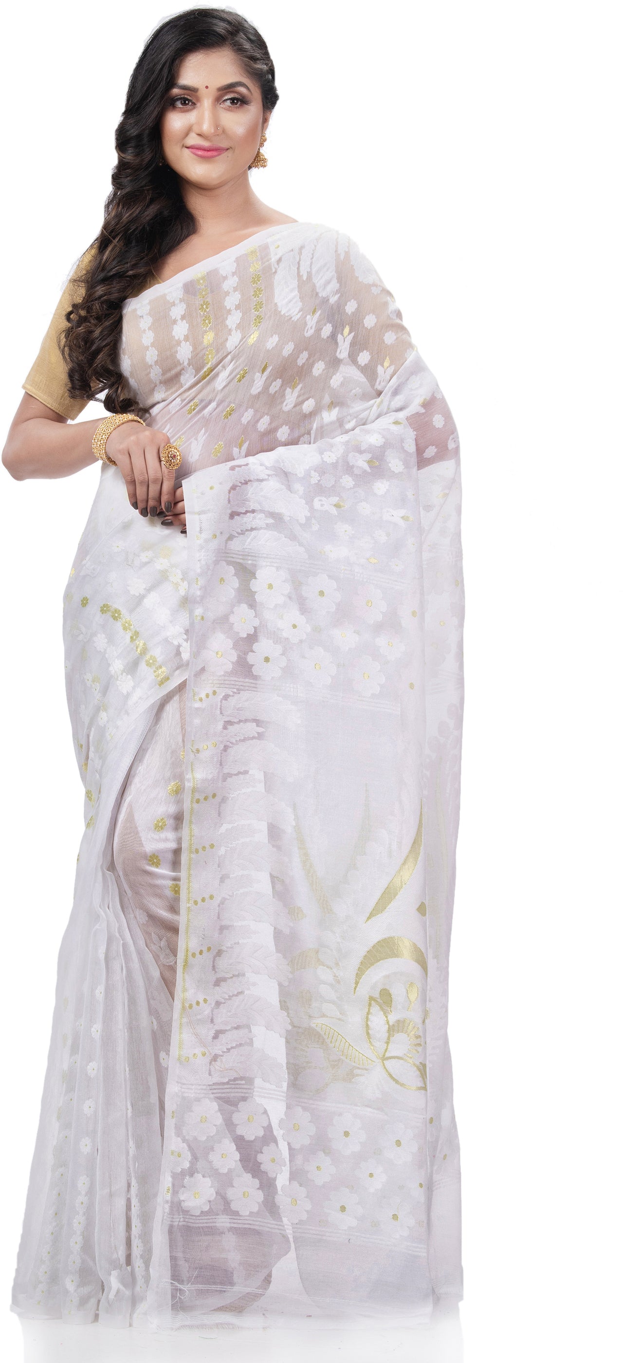 Desh Bidesh Embellished Jamdani Handloom Cotton Blend Saree (White) - Distacart