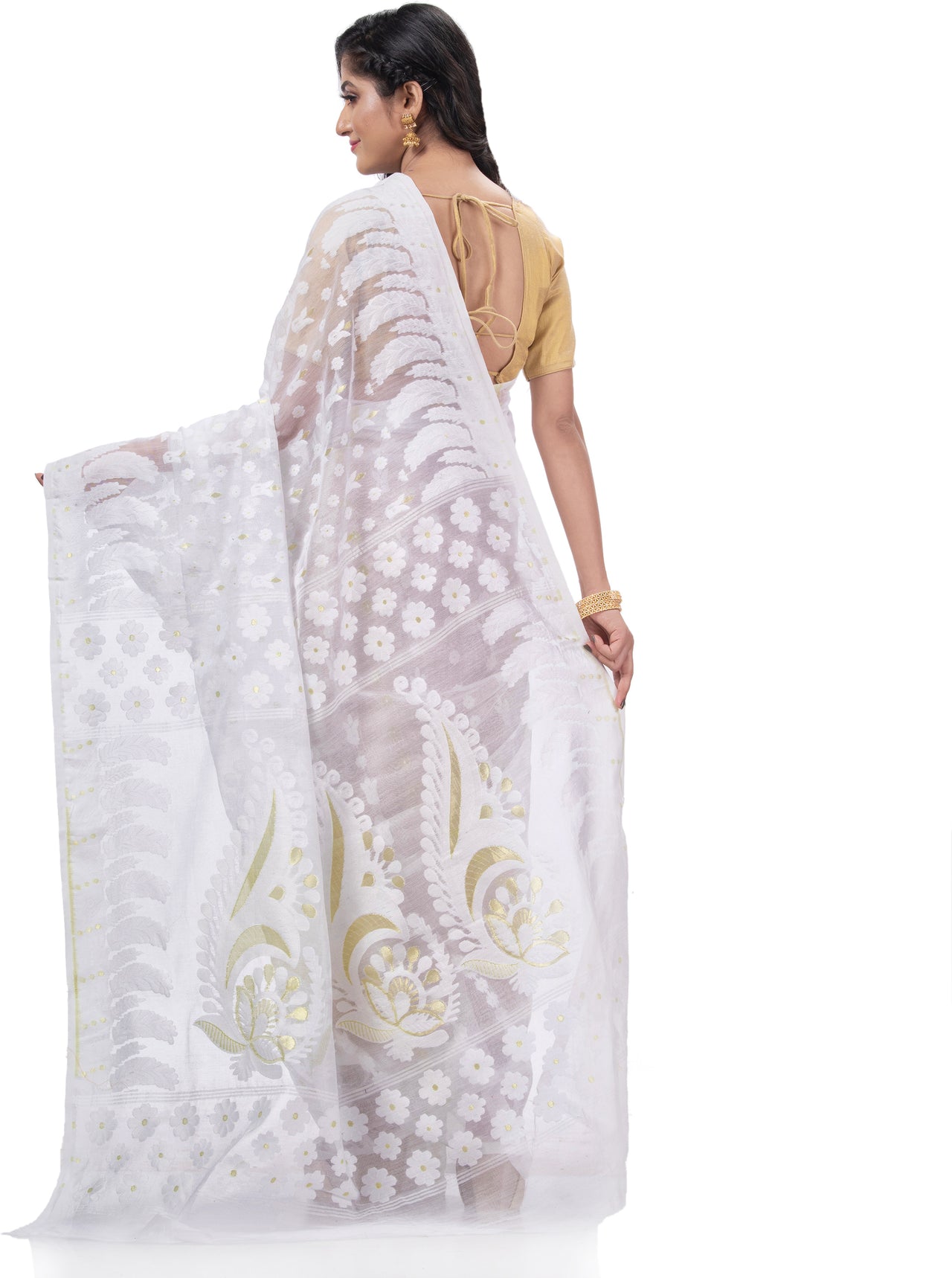 Desh Bidesh Embellished Jamdani Handloom Cotton Blend Saree (White) - Distacart