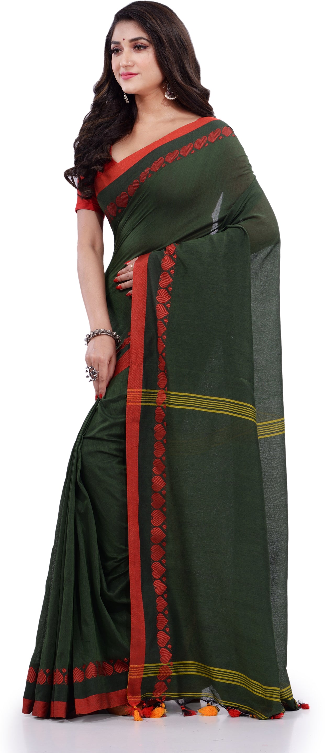 Dark Green with Zig Zag Design Cotton Silk Saree - Loomfolks