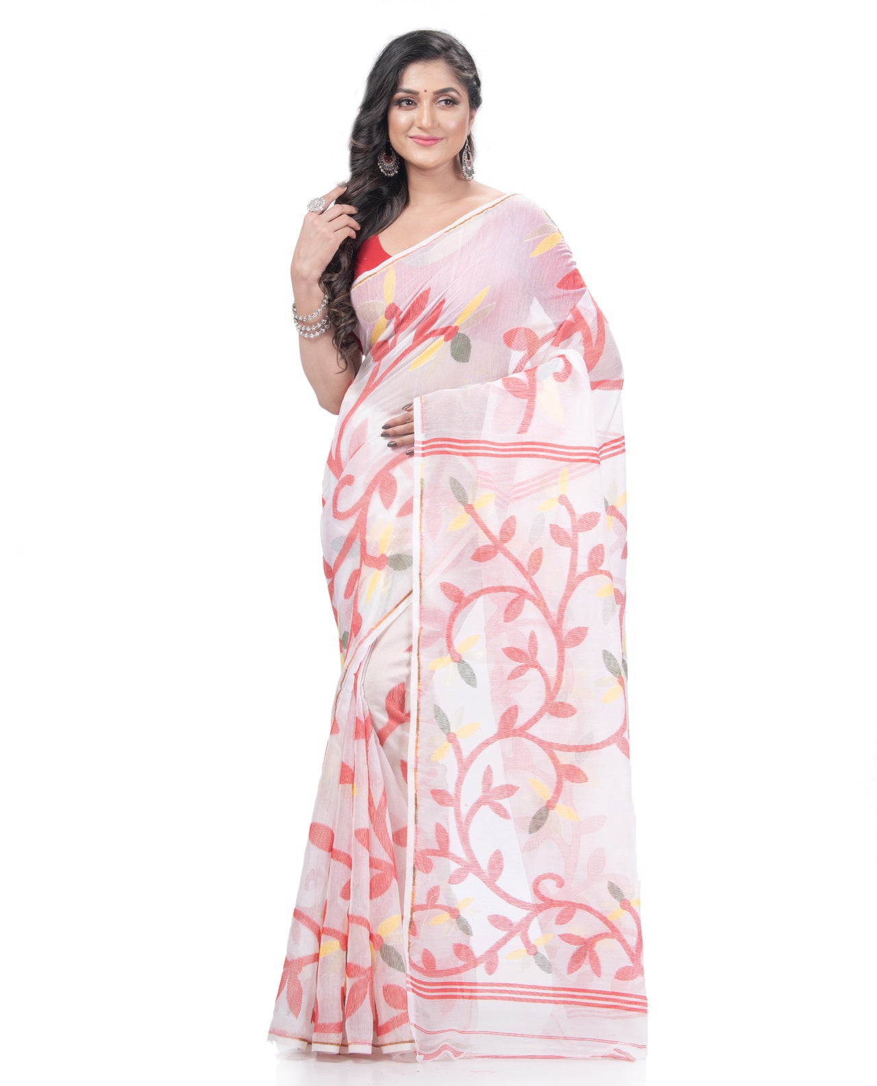 Desh Bidesh Woven Jamdani Handloom Pure Cotton Saree (White) - Distacart