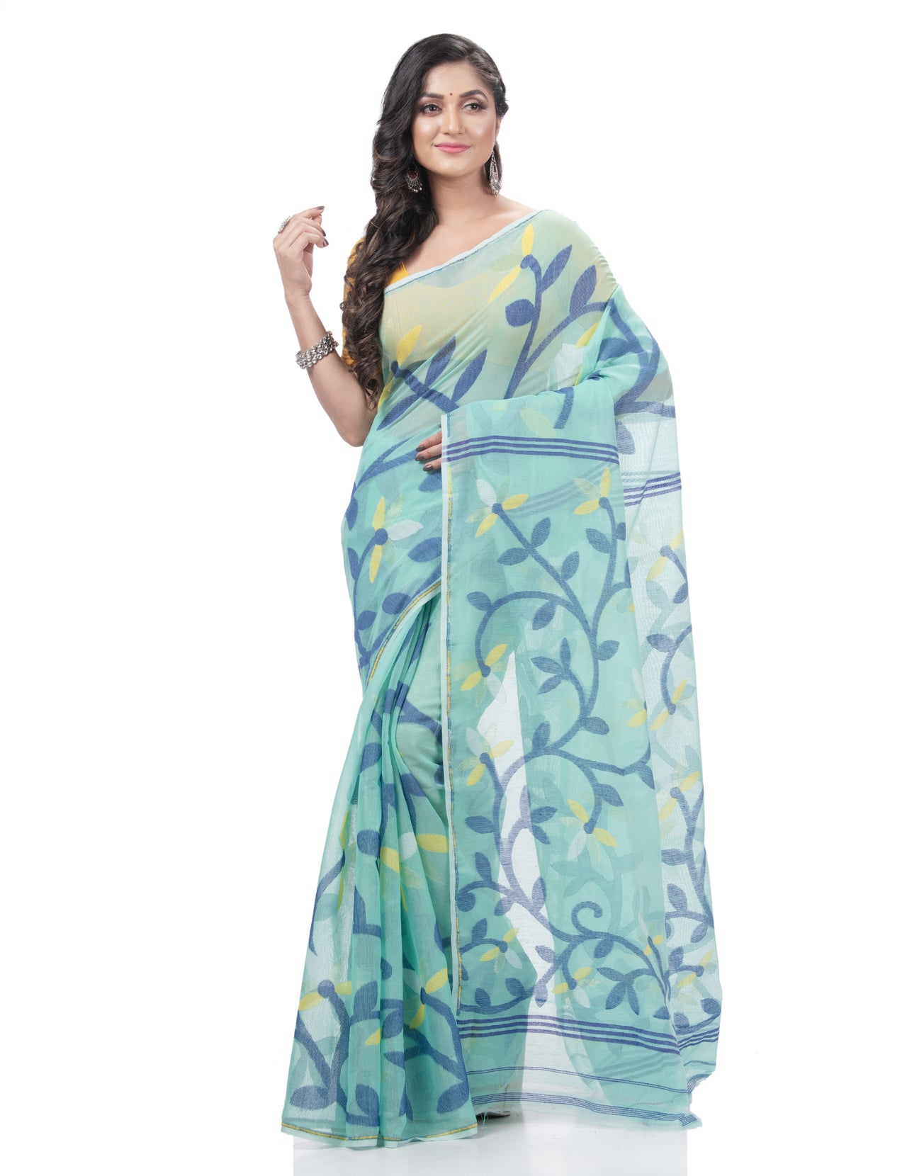 Desh Bidesh Embellished Jamdani Handloom Muslin Saree (Blue) - Distacart