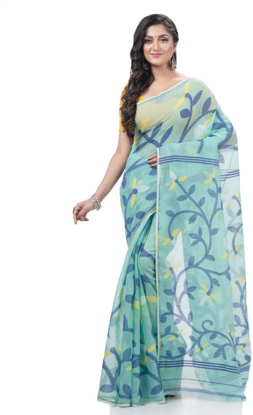 Desh Bidesh Embellished Jamdani Handloom Muslin Saree (Blue) - Distacart