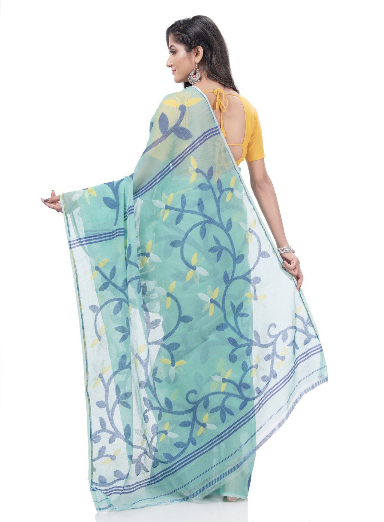 Desh Bidesh Embellished Jamdani Handloom Muslin Saree (Blue) - Distacart