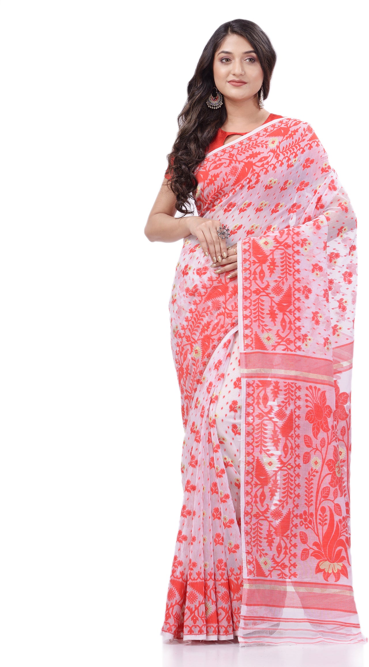 Desh Bidesh Woven Handloom Pure Cotton Saree (Red) - Distacart