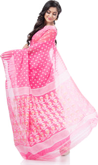 Thumbnail for Desh Bidesh Embellished Jamdani Handloom Cotton Blend Saree (Pink) - Distacart