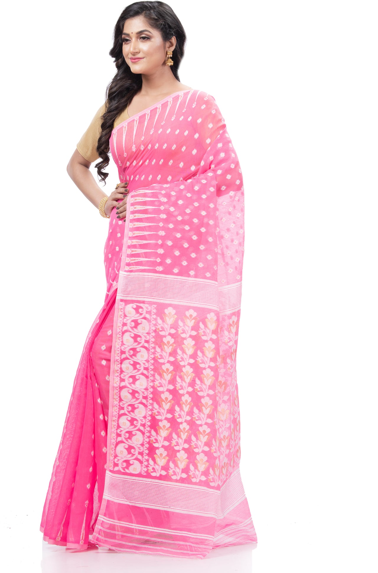 Desh Bidesh Embellished Jamdani Handloom Cotton Blend Saree (Pink) - Distacart