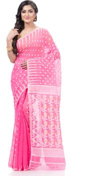 Thumbnail for Desh Bidesh Embellished Jamdani Handloom Cotton Blend Saree (Pink) - Distacart