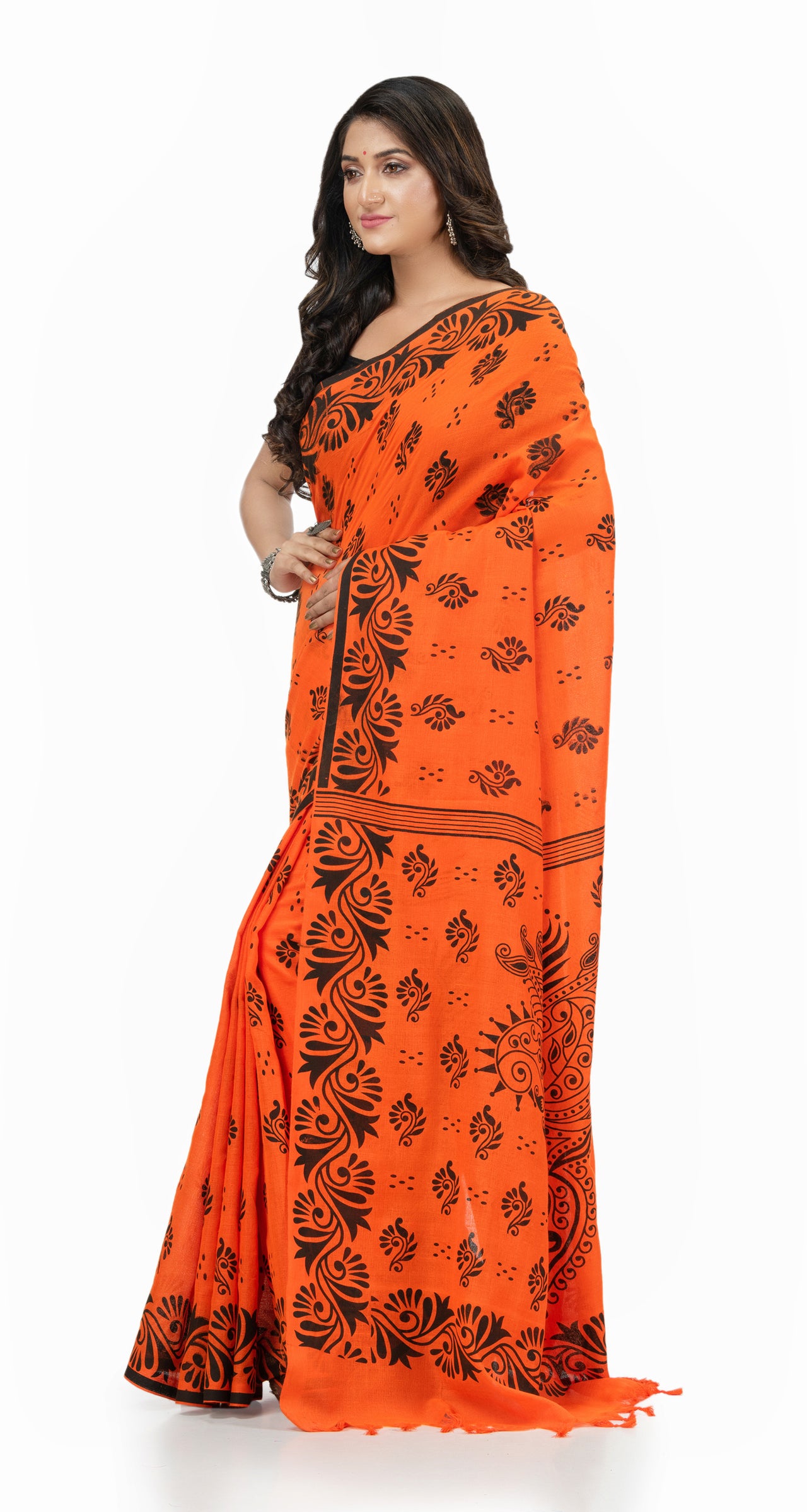 Desh Bidesh Woven Handloom Handloom Pure Cotton Saree (Orange) - Distacart