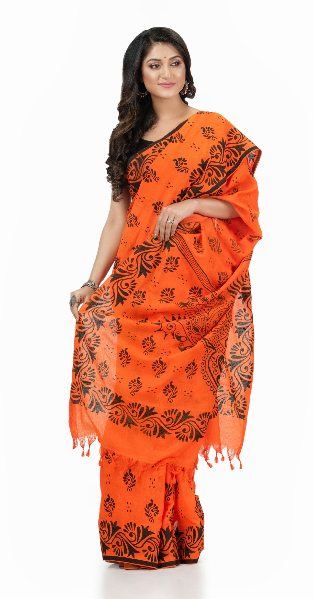 Desh Bidesh Woven Handloom Handloom Pure Cotton Saree (Orange) - Distacart